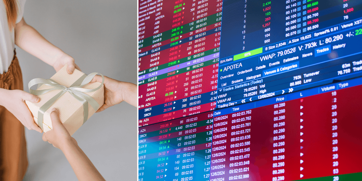 Två personer som överlämnar ett paket till vänster och en skärm med börssiffror och sktieutdelning på.