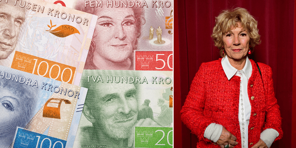 Svenska sedlar till vänster och Amelia Adamo till höger.