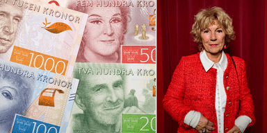 Svenska sedlar till vänster och Amelia Adamo till höger.