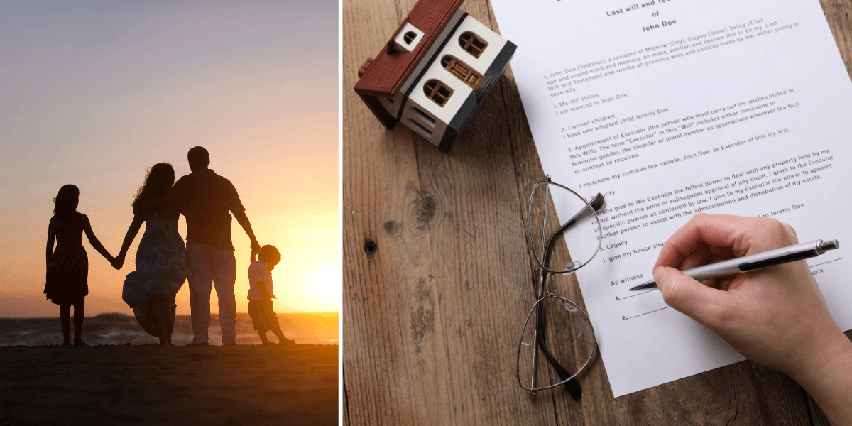 en familj i soldnedgång till vänster och en som skriver ett testamente, ett arv, till höger.