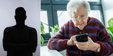En siluett av en bedragare till vänster och en äldre kvinna med sin mobil i handet till höger.