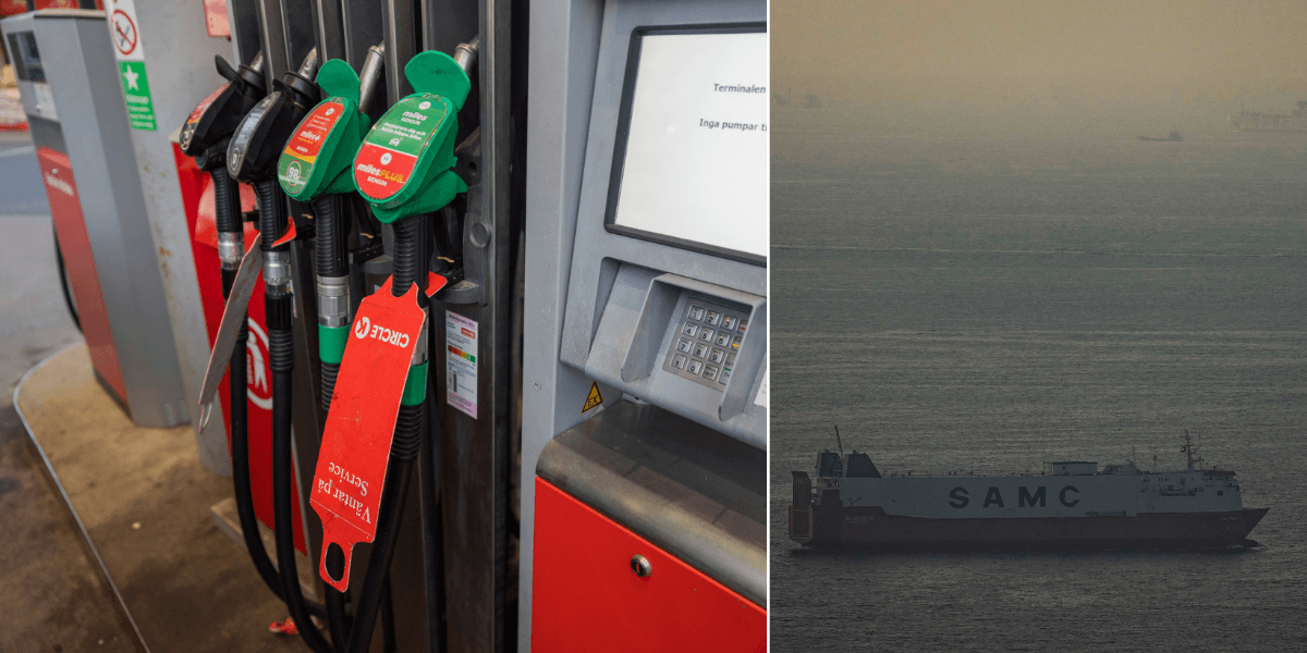 Bensin till vänster och Hormuzsundet till höger.