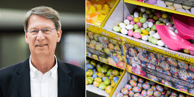 En man i kavaj till vänster och chokladägg till höger.