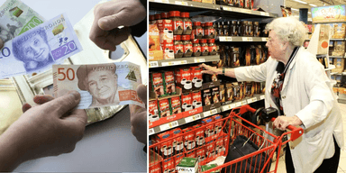 Till vänster: änder håller i de svenska sedlarna. Till höger: En pensionär handlar mat i en matbutik