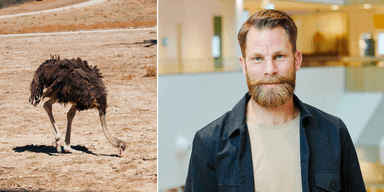 En struts med huvudet i sanden till vänster och en man som är vardagsekonom till höger.