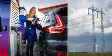 En kvinna som laddar bilen till vänster och elnätsbolag och elnät till höger.