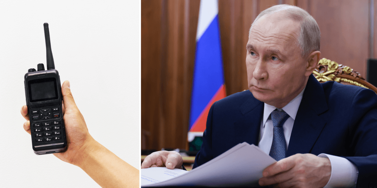 Walkie talkie, som används istället för internet, till vänster och Putin till höger.