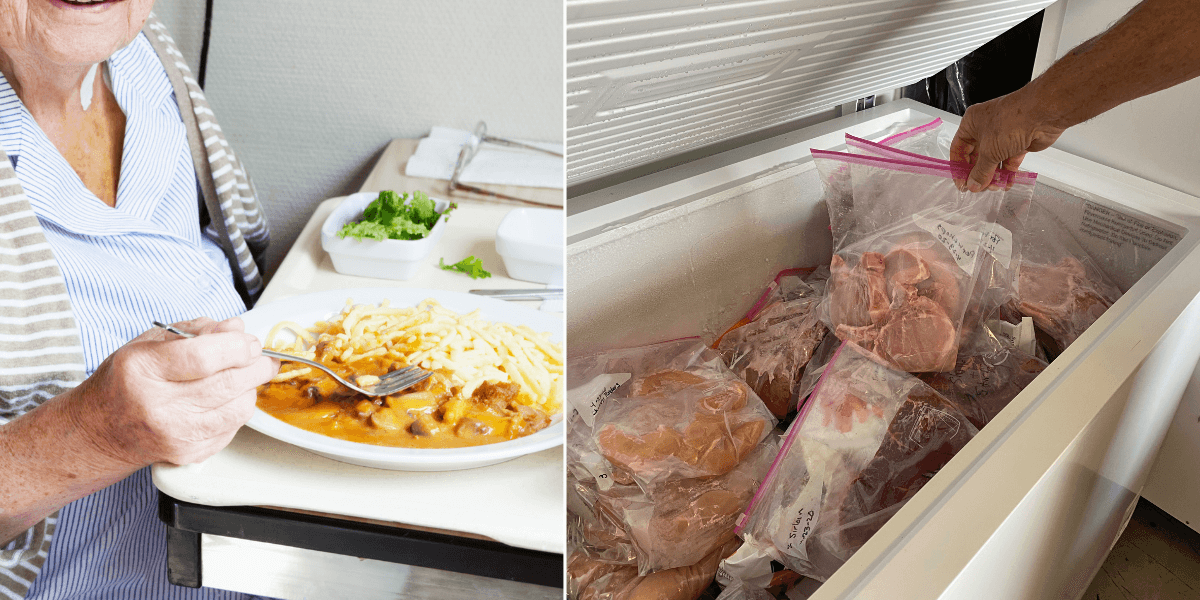 till vänster: äldre kvinna äter mat. till höger: fryst kött