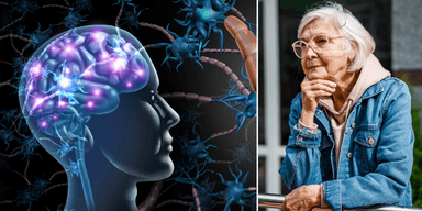 Minne: Bild på en hjärna till vänster och en kvinna som tänker till höger.