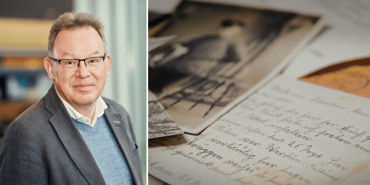 Äldre man till vänster och nostalgiska brev och foton till höger.