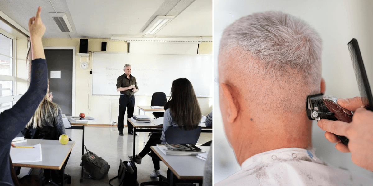 Till vänster: elever i ett klassrum. Till höger: en pensionär hos frisören