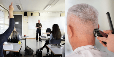 Till vänster: elever i ett klassrum. Till höger: en pensionär hos frisören