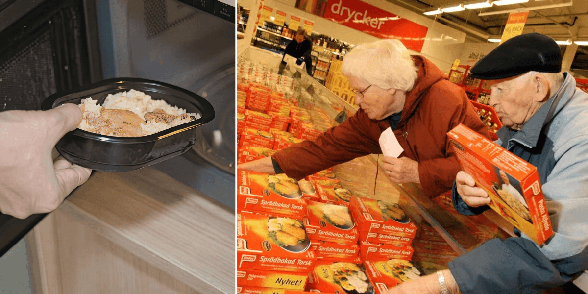 Till vänster: färdigmat i mikron. Till höger: Ett äldre par botaniserar bland Findus djupfrysta färdigrätter.