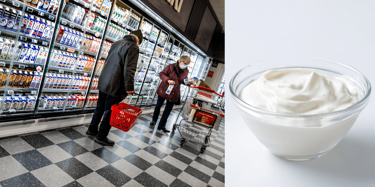 Ett äldre par i en matbutik till vänster, en skål med kvarg till höger.