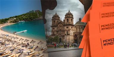 Till vänster är en strand i Albanien. I mitten: Katedralen i Cuzco, Peru. Till höger: Pensionsbrev