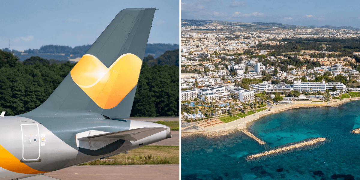 Resor: Ett flygplan till vänster och vy över Cypern till höger.