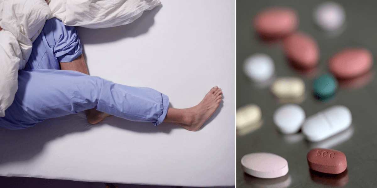 Underkroppen på någon med restless legs i en säng till vänster och piller till höger.