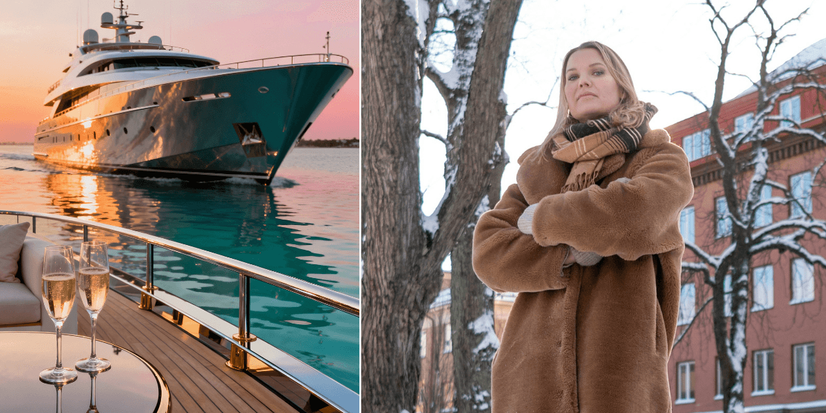 En lyxjakt och två glas bubbel till vänster och blond kvinna i päls med armarna i kors till höger, om pengar gör människor mer själviska.