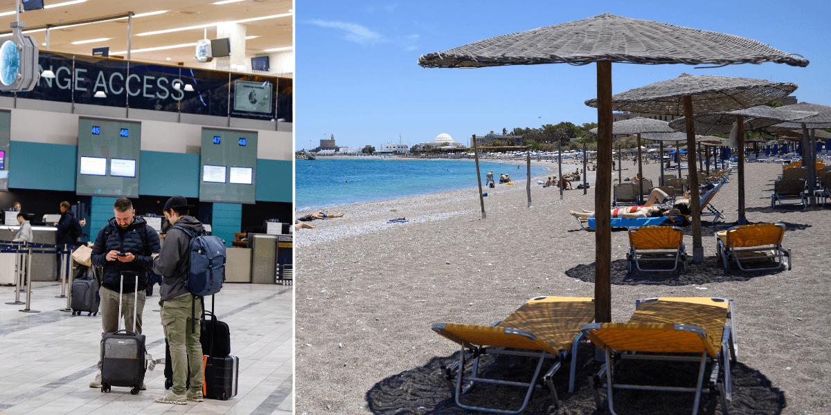 Två män på en flygplats som ska resa till vänster och semesterparadis till höger.