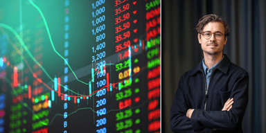 Börsen till vänster och ung man expert på sparande med armarna i kors till höger.