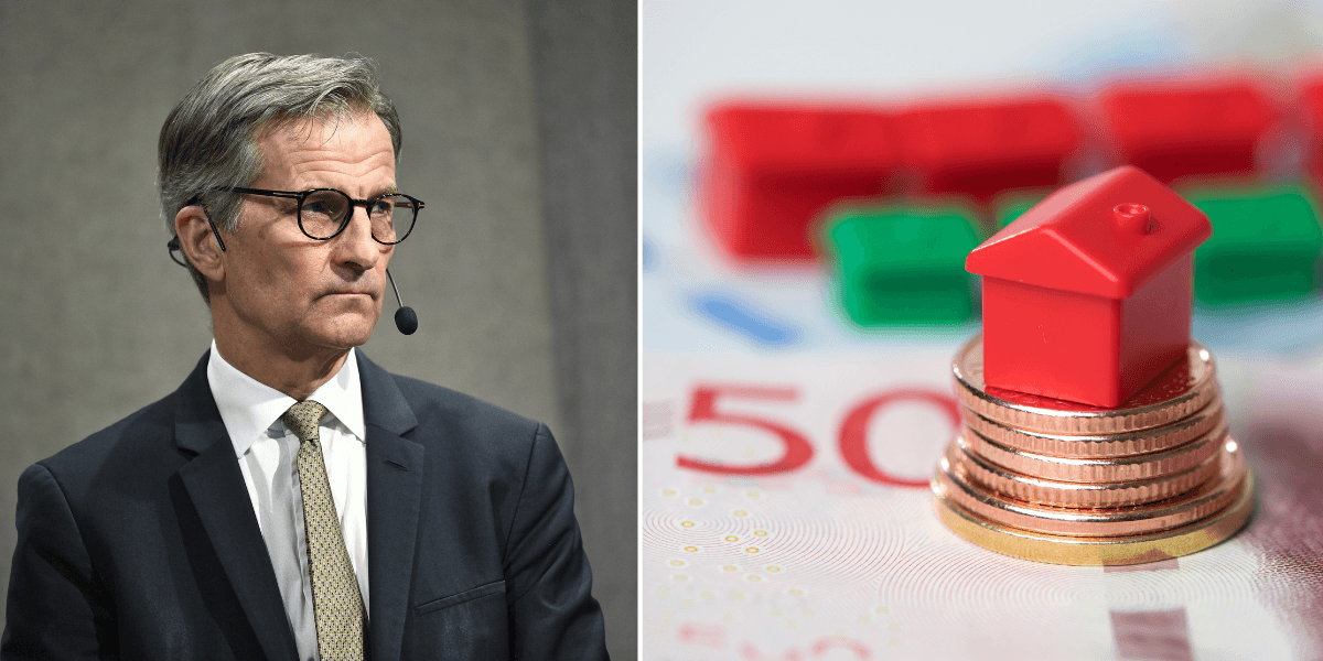 Riksbankchef Erik Thedéen till vänster och pengar och monopolhus till höger som symboliserar bolån och sparräntorna.