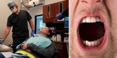 En tandläkare och en person med tandlossning.