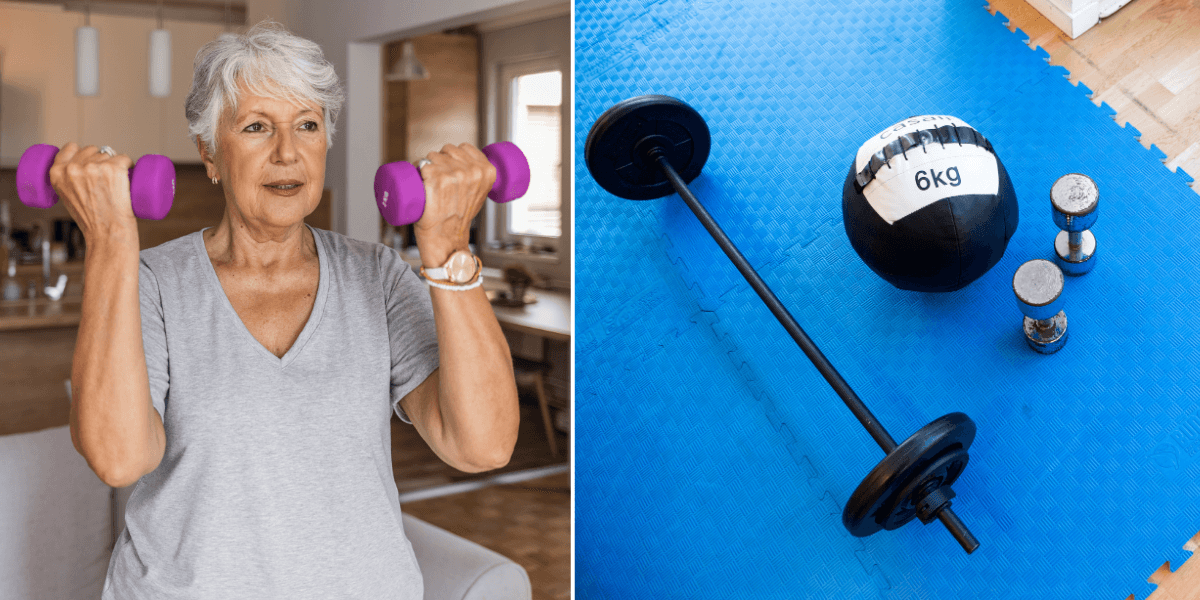 Äldre kvinna som tränar till vänster och träningsredskap till höger.