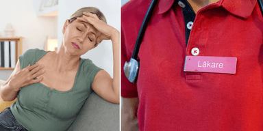 Till vänster en kvinna med svettningar. Till höger en läkare med stetoskop och bricka.