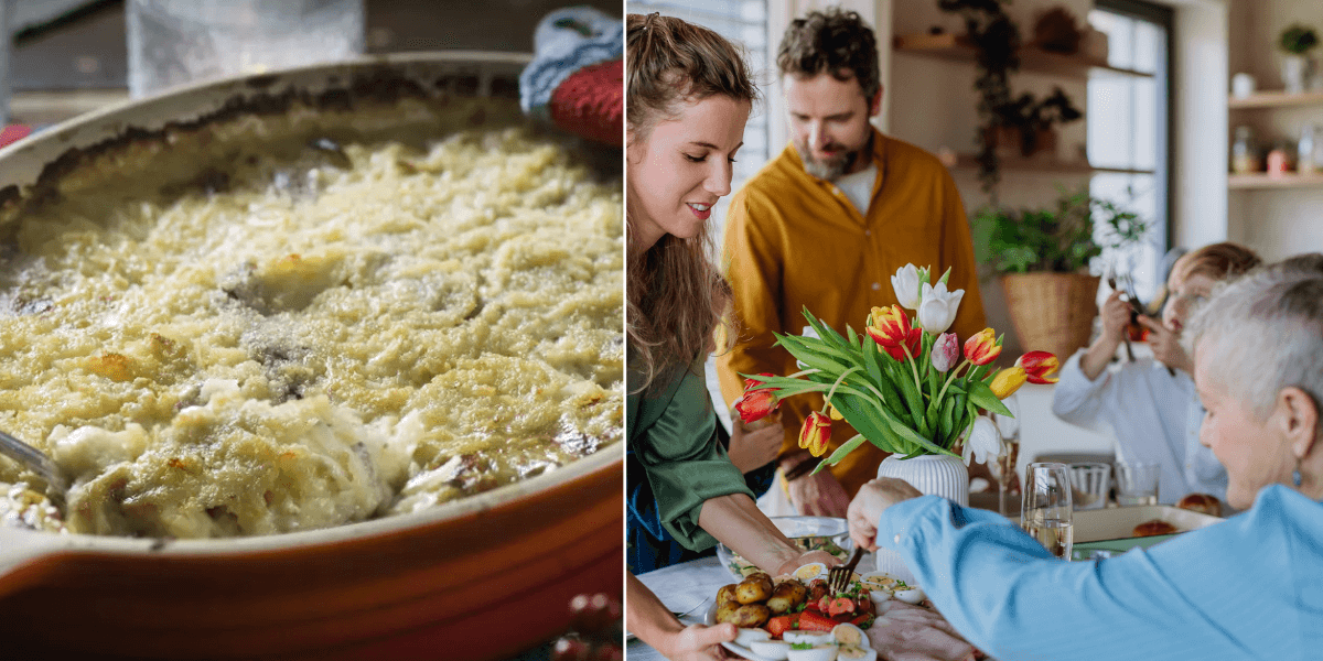 Till vänster: Janssons frestelse. Till höger: En familj runt ett middagsbord