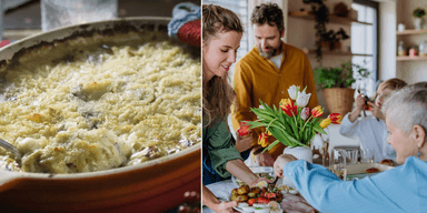 Till vänster: Janssons frestelse. Till höger: En familj runt ett middagsbord