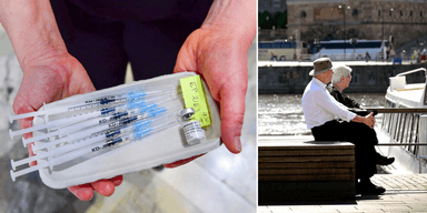 Vaccination till vänster och ett äldre par i siluett på en bänk till höger.