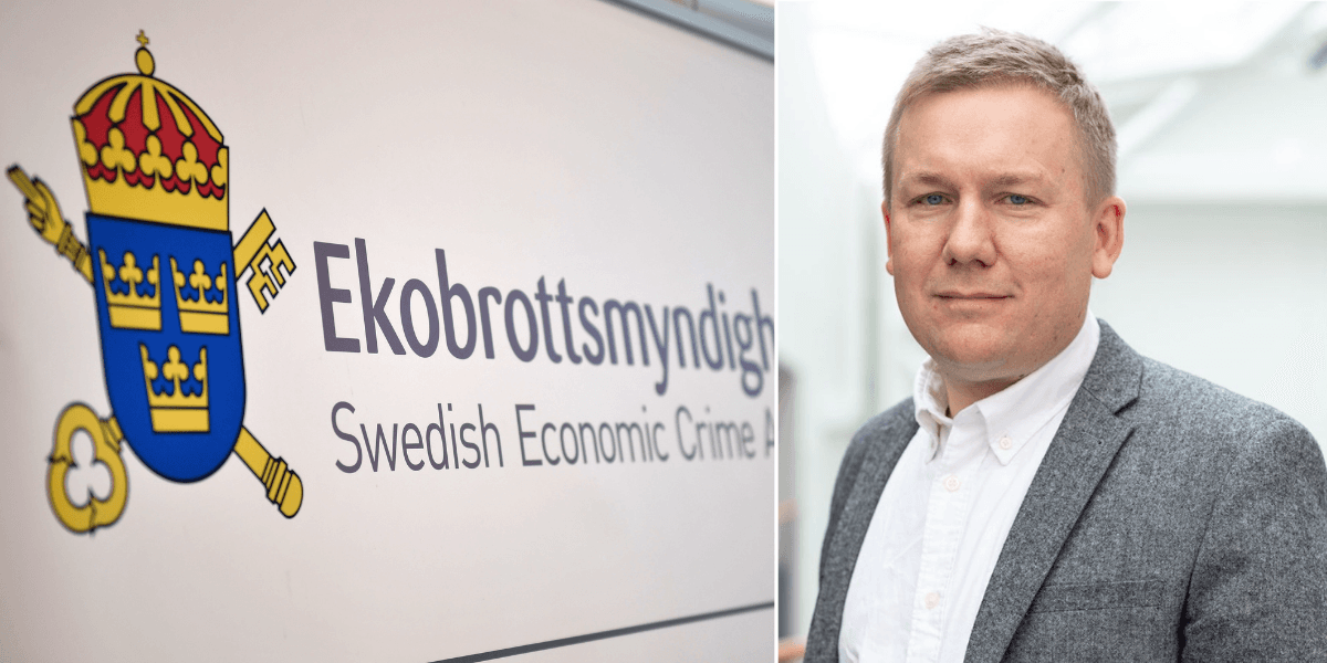 Ekobrottsmyndighetens logga till vänster och chefsåklagare till höger, som varnar för välfärdsbrott.