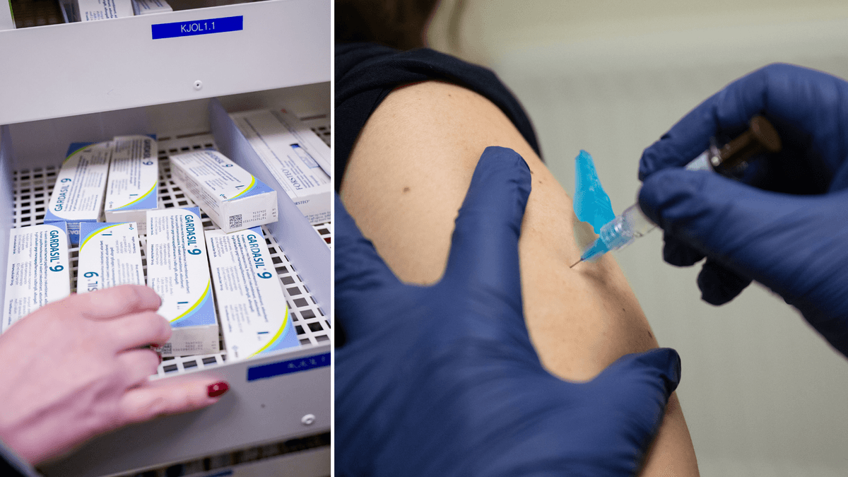 Vaccin i kartonger till vänster och en person som blir vaccineras mot HPV till höger.