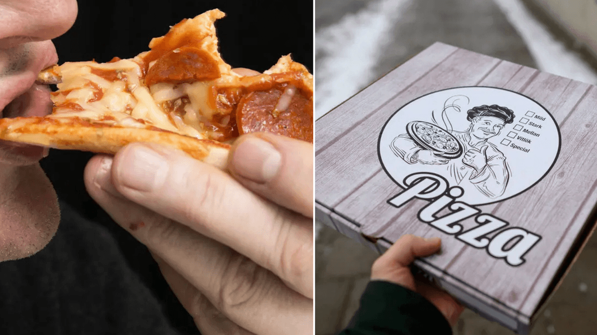 en man äter pizza, pizzakartong