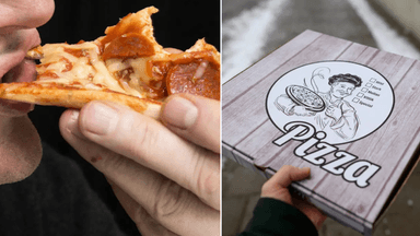 en man äter pizza, pizzakartong