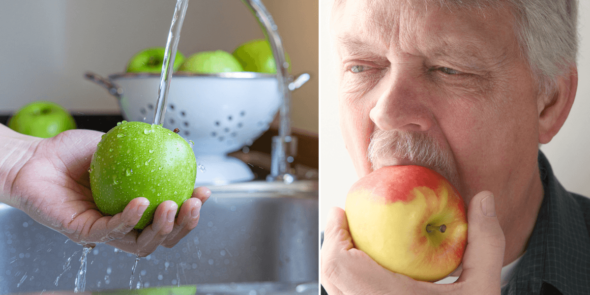 äpple sköljs under vattenkran, man äter äpple
