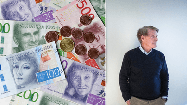 Pensionspengar till vänster och en man i profil till höger.