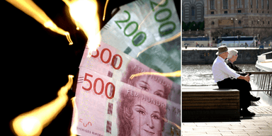 Sedlar till vänster och en par som pratar om sin ekonomi till höger.