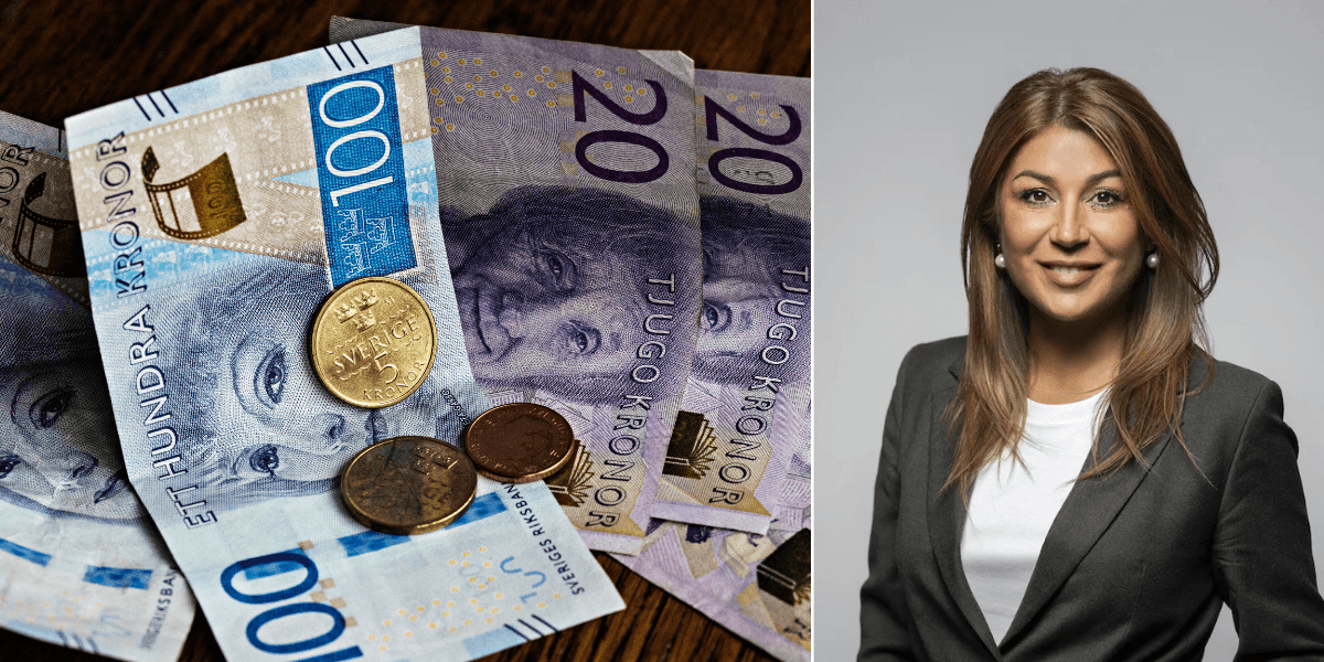 Sparade pengar till vänster och en kvinnlig pensionsekonom till höger.