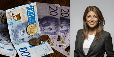 Sparade pengar till vänster och en kvinnlig pensionsekonom till höger.