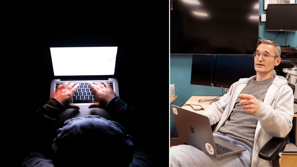 En hacker som använder ai till vänster och Pontus Johnson till höger.