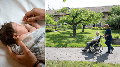 En nyfödd bebis till vänster och en äldre dam i rullstol till höger.