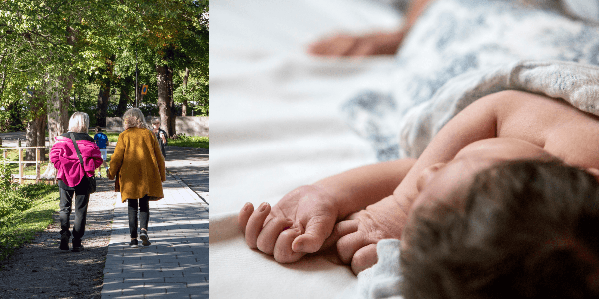 Två kvinnor på promenad till vänster och ett nyförr barn till höger.