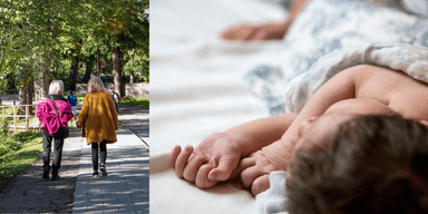 Två kvinnor på promenad till vänster och ett nyförr barn till höger.