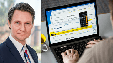 En man i kostym till vänster, en kvinna som deklarerar på datorn till höger.