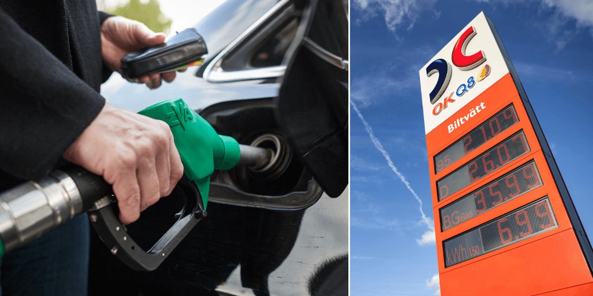 En hand som tankar bilen till vänster och en skylt med priser på drivmedel till höger.