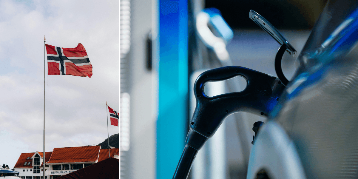 En norsk flagga till vänster och en elbil till höger.