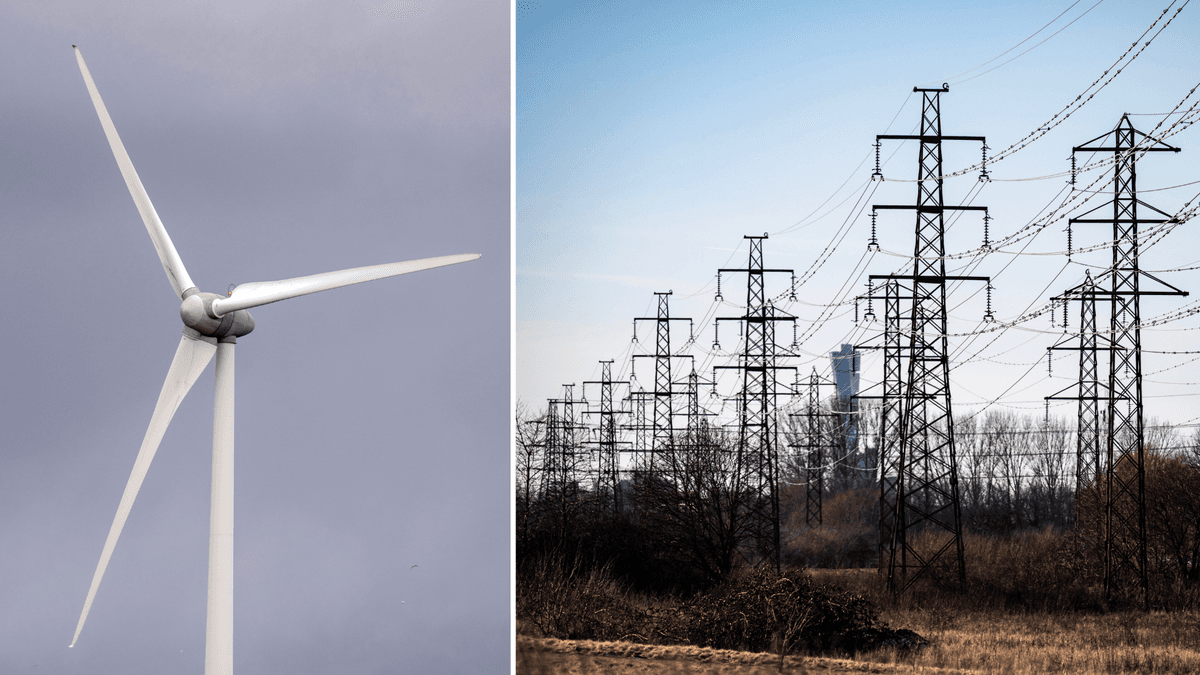 Vindkraftverk och elledningar.