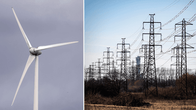 Vindkraftverk och elledningar.