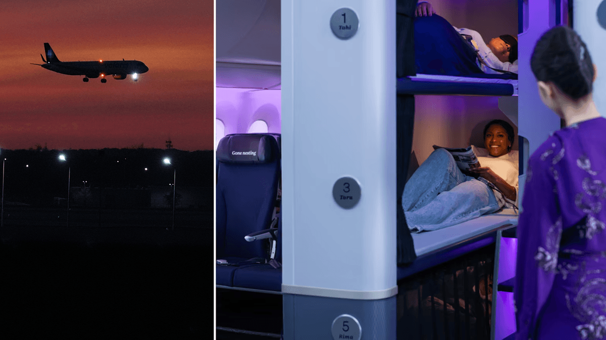 Ett flyplan i luften till vänster och flygbolgets ny sovkapsel till höger.